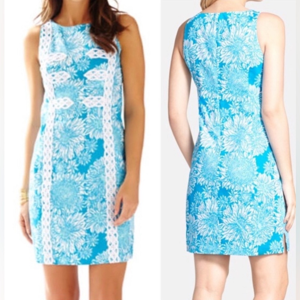 Lilly Pulitzer Shift Blue White Dress Lace ~ Size 00 ~ Mirabelle Lion in the Sun